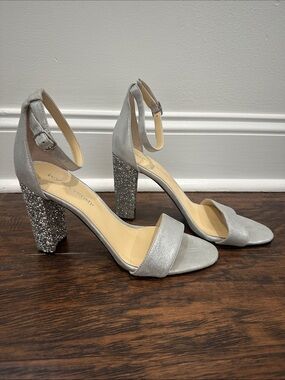 Ivanka Trump Silver Ankle-Strap Glitter Block Heels